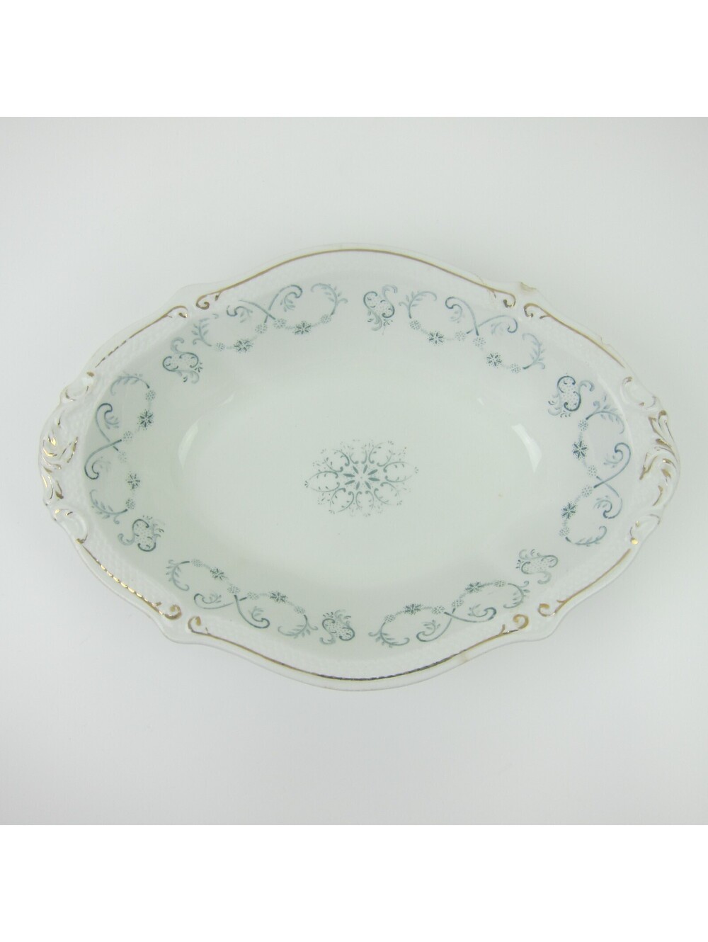 Antique Serving Bowl Blue White Floral Scroll Gold Rim W.H. Grindley Clytie 10"